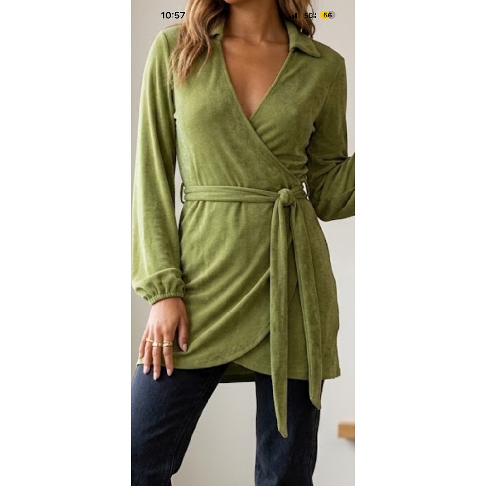 Princess Polly Green Slinky Wrap Mini Dress Long Sleeve Collared Size 10